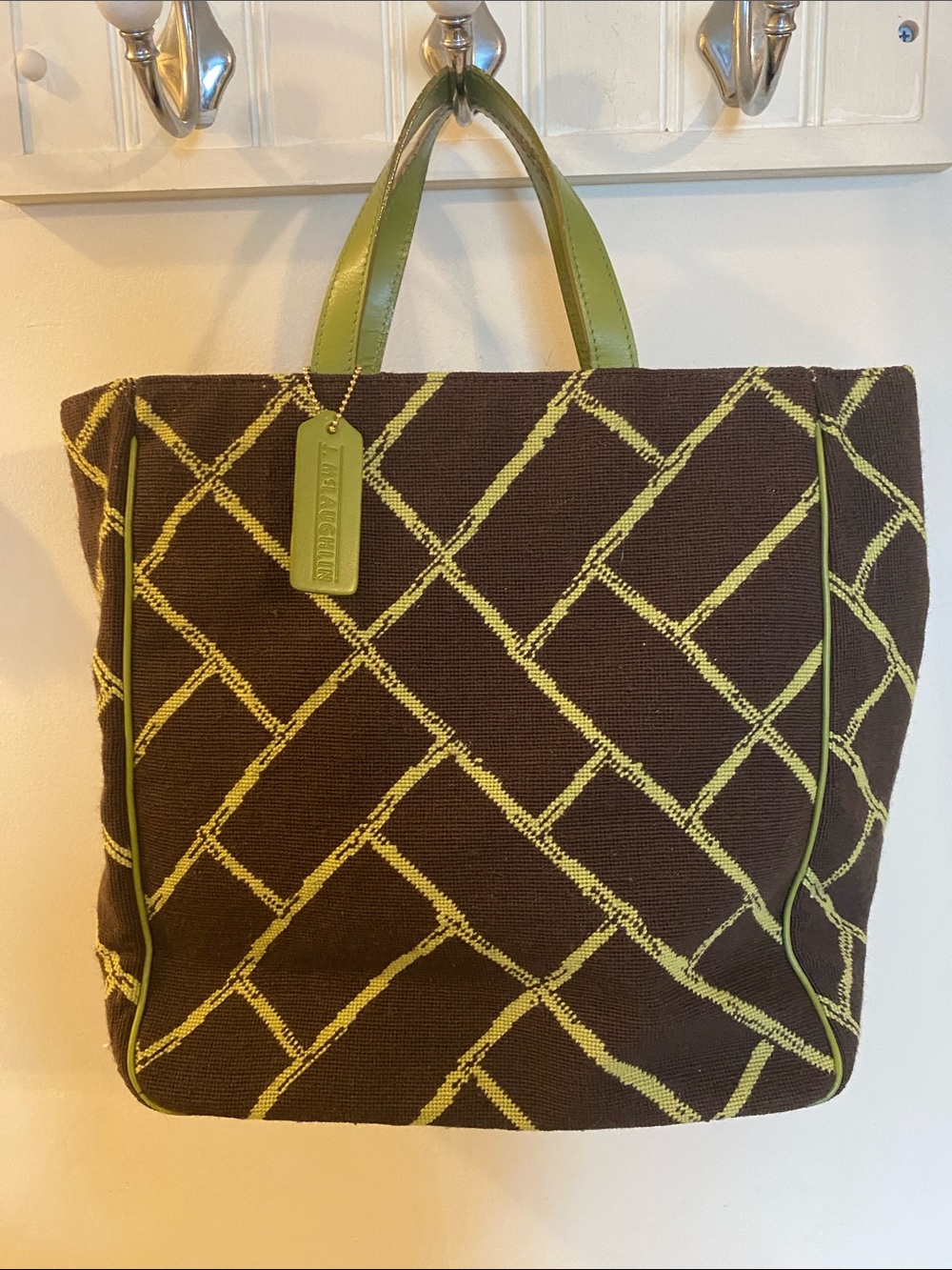 90’s Vintage J. McLaughlin Handmade Needlepoint Avocado Green and Brown Tote bag